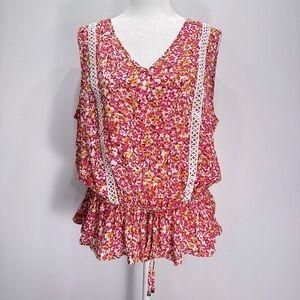 Adrienne Vittadini Dainty Floral Blousy Sleeveless Peplum Top with Lace Boho